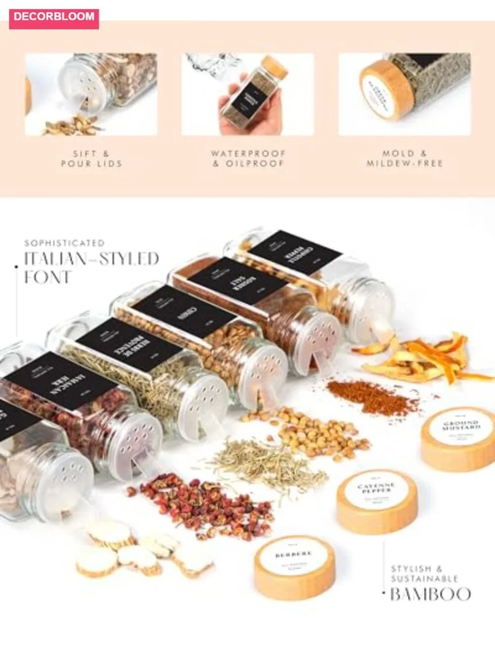 24 Pack 4oz Square Glass Spice Jars with Bamboo Lids and Shaker Tops